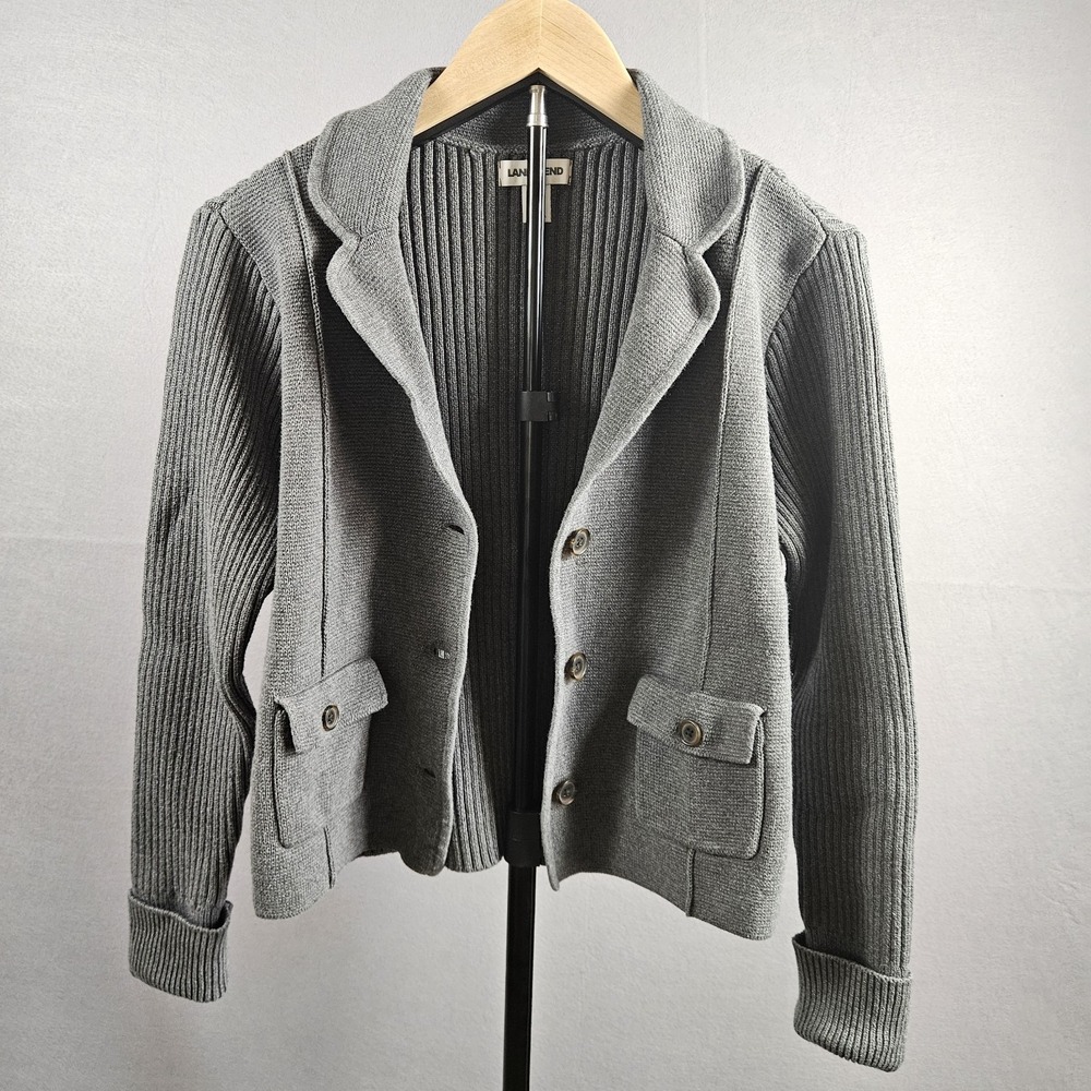 Lands End‎ Cardigan Blazer Ribbed Cotton Gray Petite M/P 10-12 - Picture 4 of 13